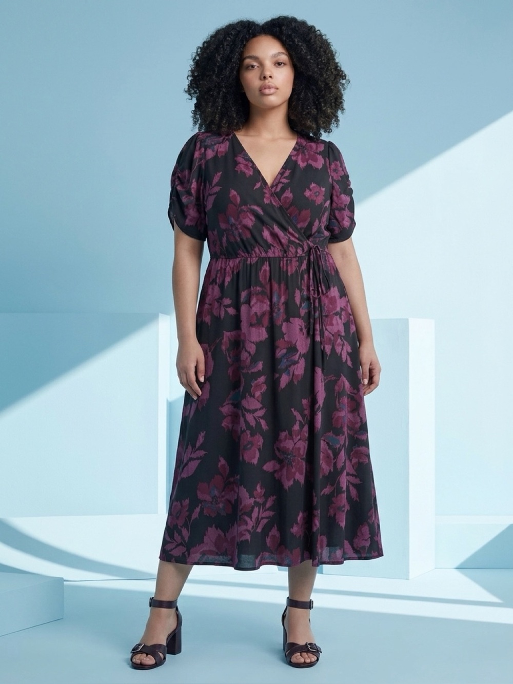 torrid Plum Floral Wrap Midi Dress on Black